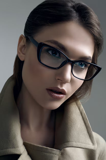 Model wearing REARVIEW eyewear, warm beige coat